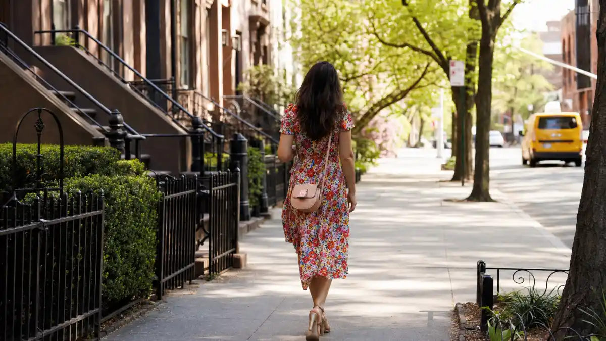 How to dress like Sarah Jessica Parker city style — colorful floral midi dress and strappy heels on NYC brownstone sidewalk seen from behind
