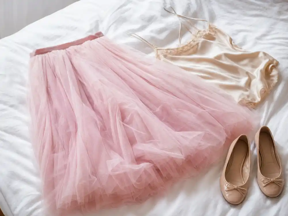 Soft tulle midi skirt flat lay central to how to dress like Sarah Jessica Parker city style playful feminine codes
