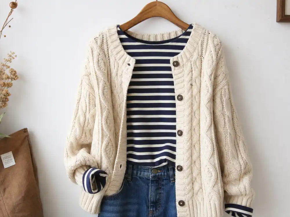 Cream cable-knit cardigan over striped top central to how to dress like Taylor Swift casual cozy layering codes