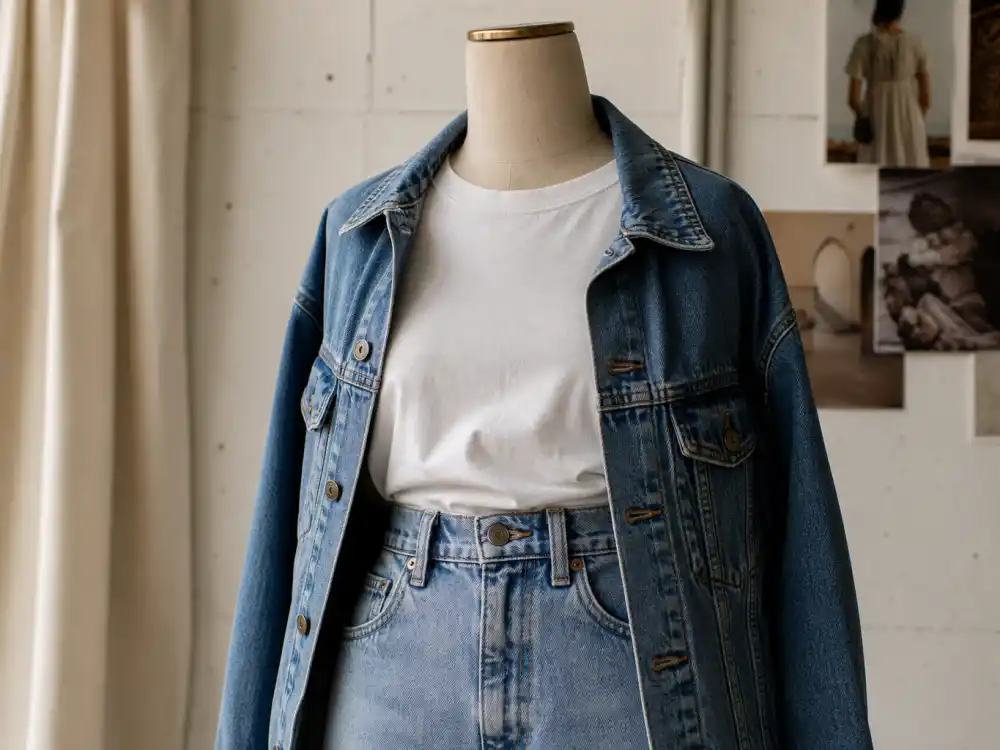 Classic denim jacket over white tee behind how to dress like Taylor Swift casual Americana layering rotation
