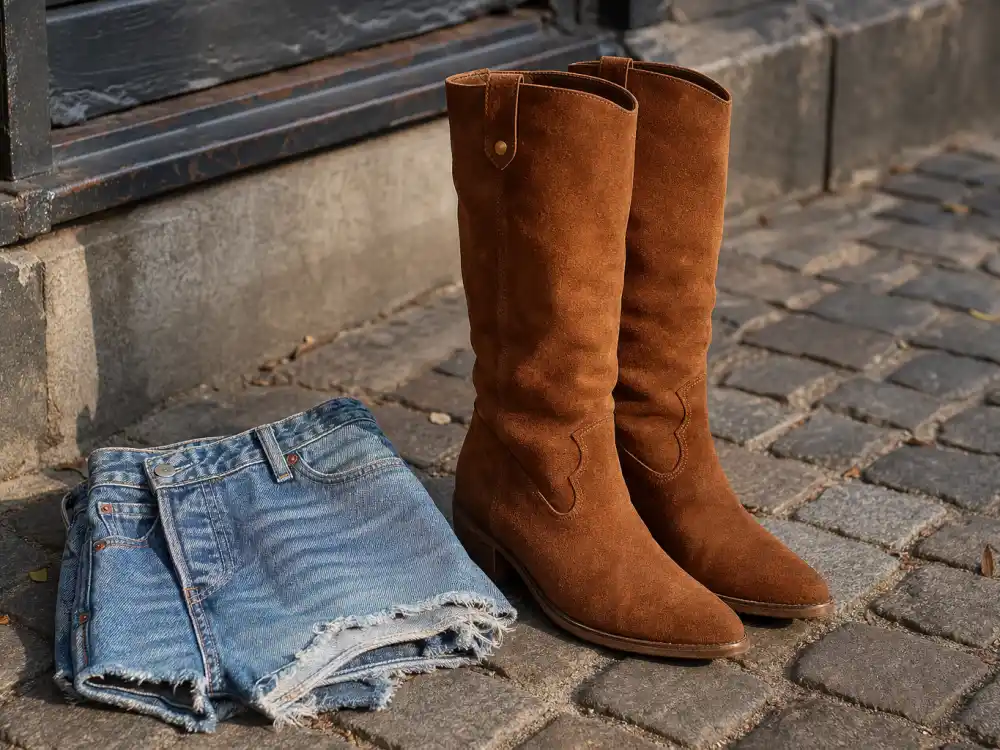 Brown suede knee-high boots with denim shorts showing how to dress like Taylor Swift casual Folklore-era footwear