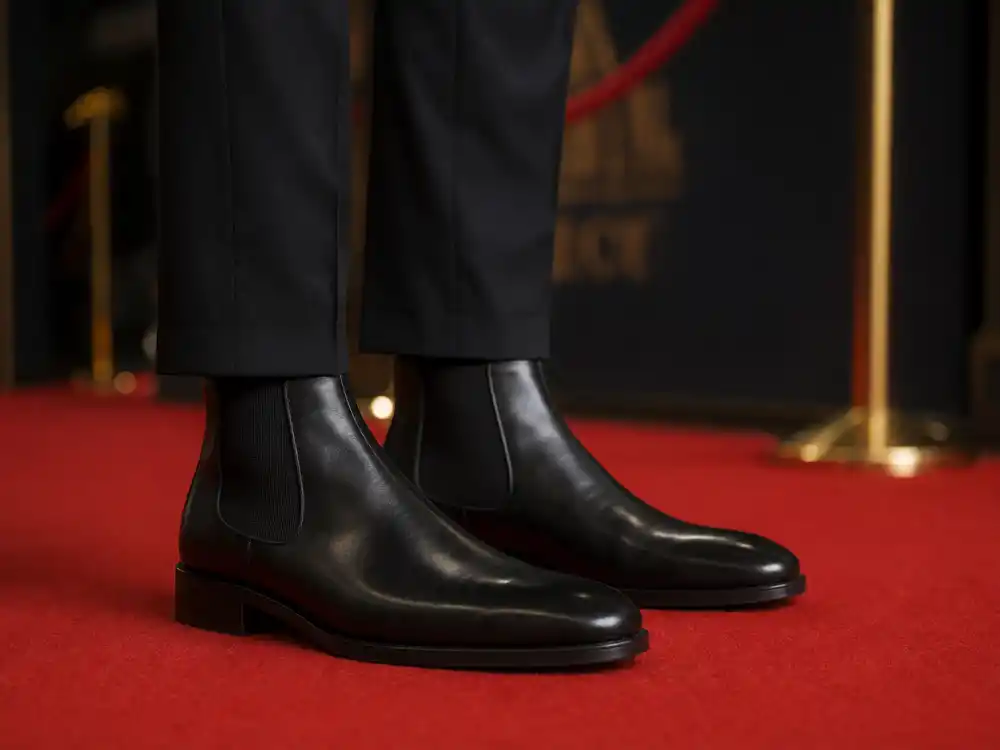 Polished black Chelsea boots on red carpet illustrating how to dress like Timothee Chalamet red carpet men footwear discipline