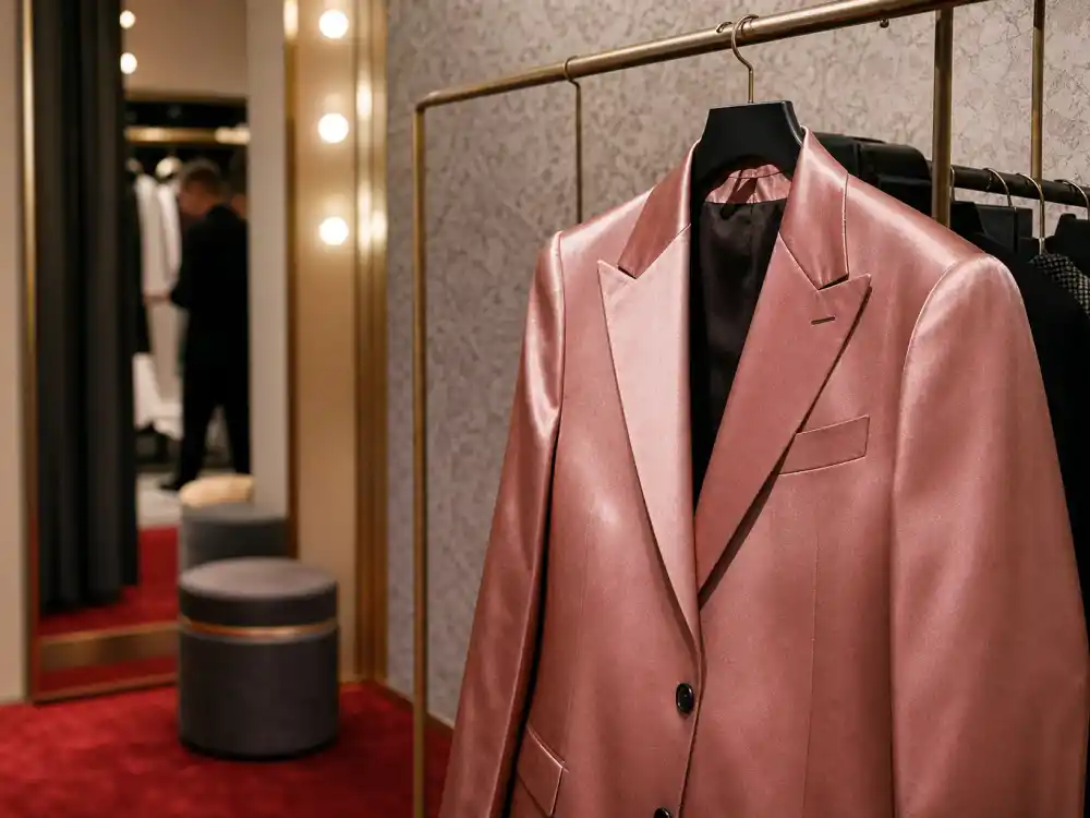 Dusty pink satin blazer on rack showing how to dress like Timothee Chalamet red carpet men bold color risk on premiere night