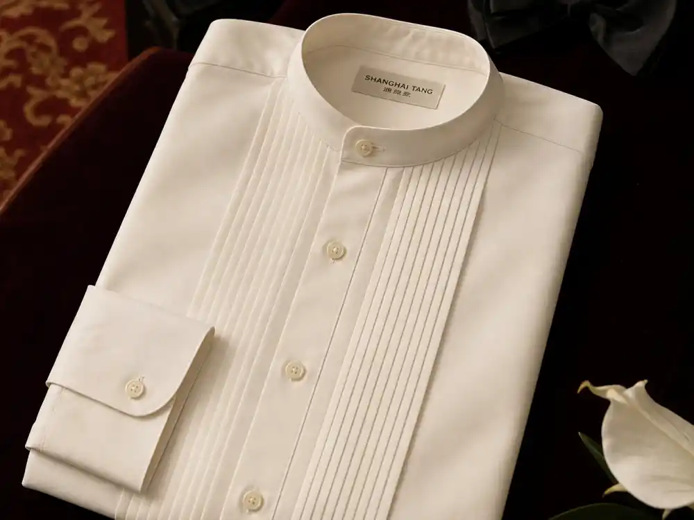 Vintage ivory silk shirt with high band collar defining how to dress like Timothee Chalamet red carpet men formal shirt choices