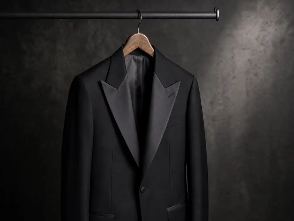 Slim black tuxedo jacket with narrow peak lapels central to how to dress like Timothee Chalamet red carpet men tailoring codes