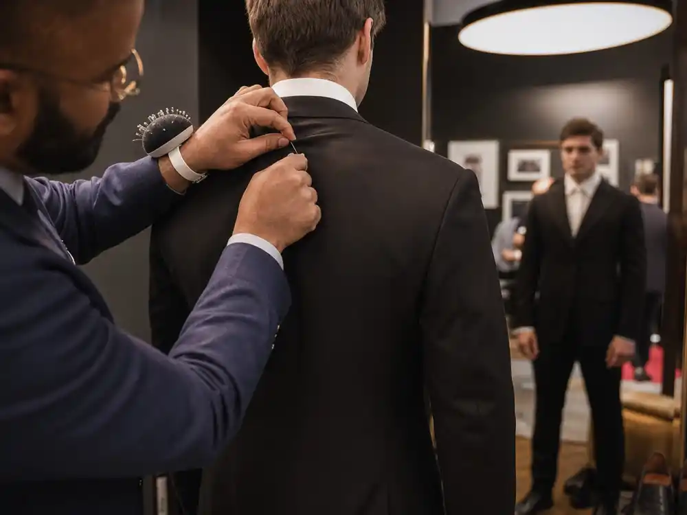 Tailor pinning lapel on slim black suit behind how to dress like Timothee Chalamet red carpet men precision fit preparation