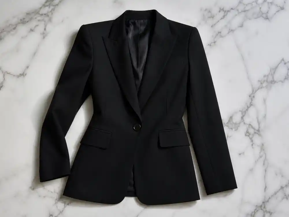 Black tailored blazer flat lay central to how to dress like Victoria Beckham chic style sharp tailoring codes