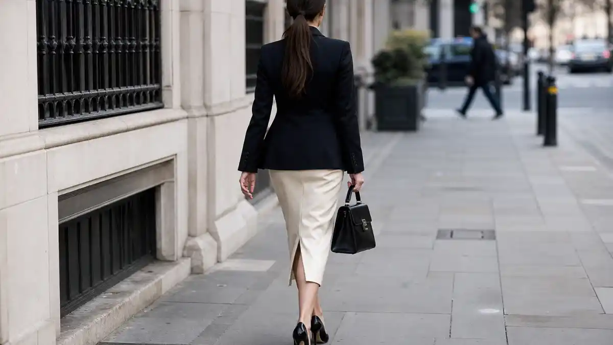 How to dress like Victoria Beckham chic style — black tailored blazer ivory pencil skirt stiletto heels on London sidewalk seen from behind