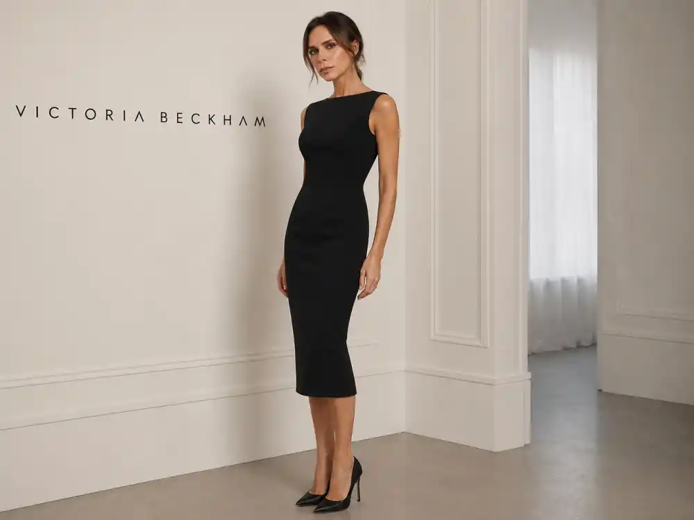 Ivory sheath dress with clean neckline showing how to dress like Victoria Beckham chic style minimalist silhouette