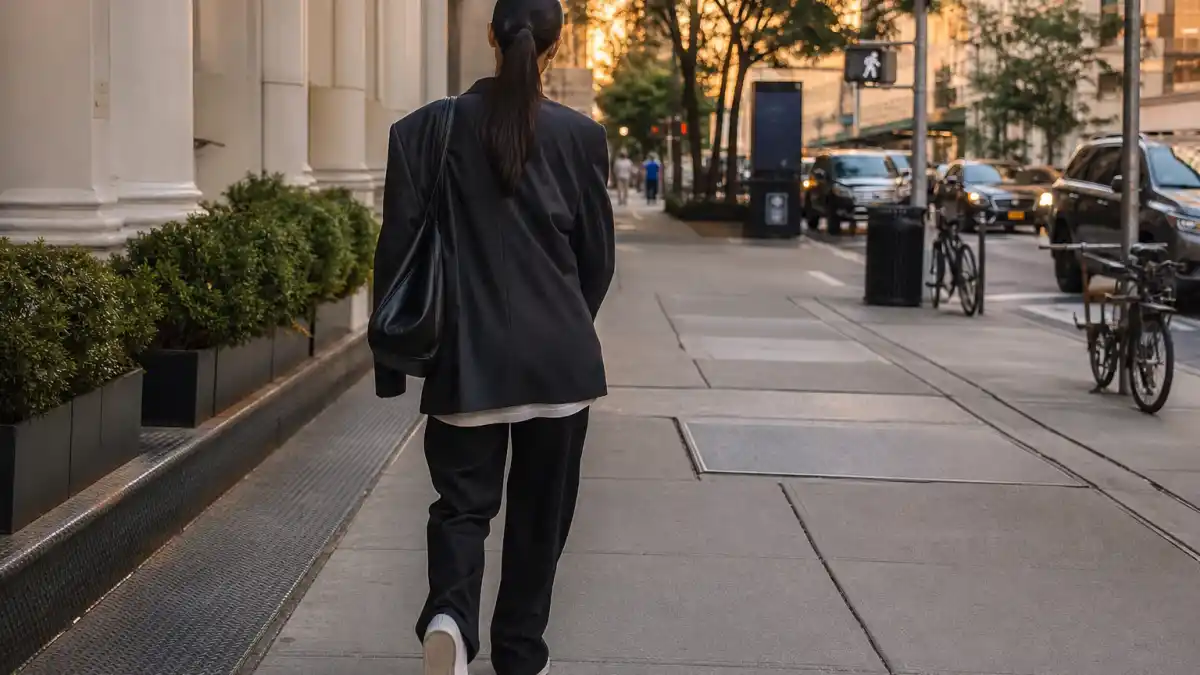 How to dress like Zendaya street style — oversized charcoal blazer wide-leg trousers and white sneakers on NYC sidewalk seen from behind