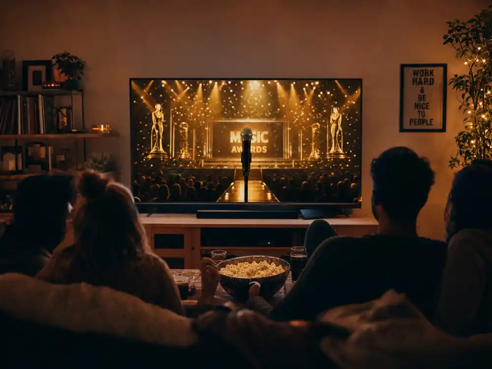 Grammy awards watch party with friends silhouetted in front of a TV showing a golden music-awards concert stage for how to watch the Grammys 2027
