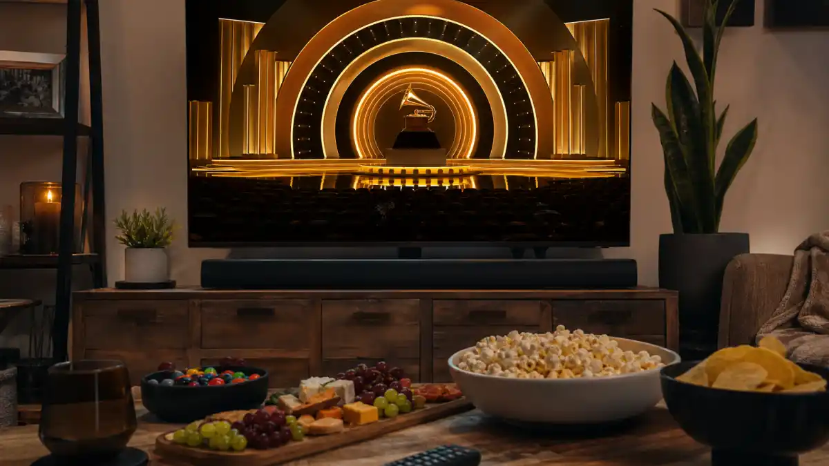 How to watch the Grammys 2027 — cozy living room TV watch party with golden Grammy-style awards stage on screen and snacks on the coffee table