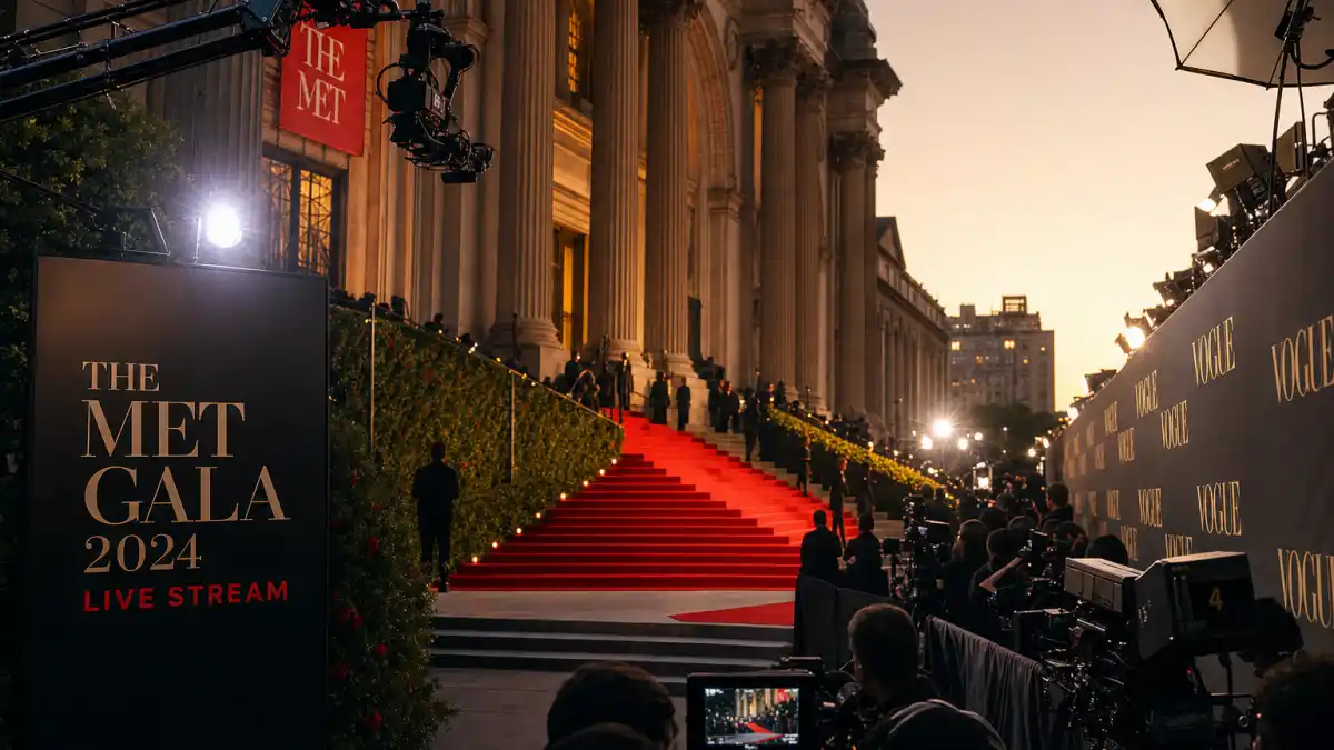 How to watch the Met Gala red carpet live — Metropolitan Museum steps with red carpet, Vogue press wall, and broadcast cameras on gala night