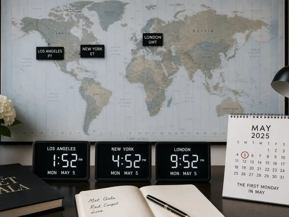 World clocks showing ET, GMT, and PT start times — how to watch the Met Gala red carpet live from London, Los Angeles, or anywhere outside New York