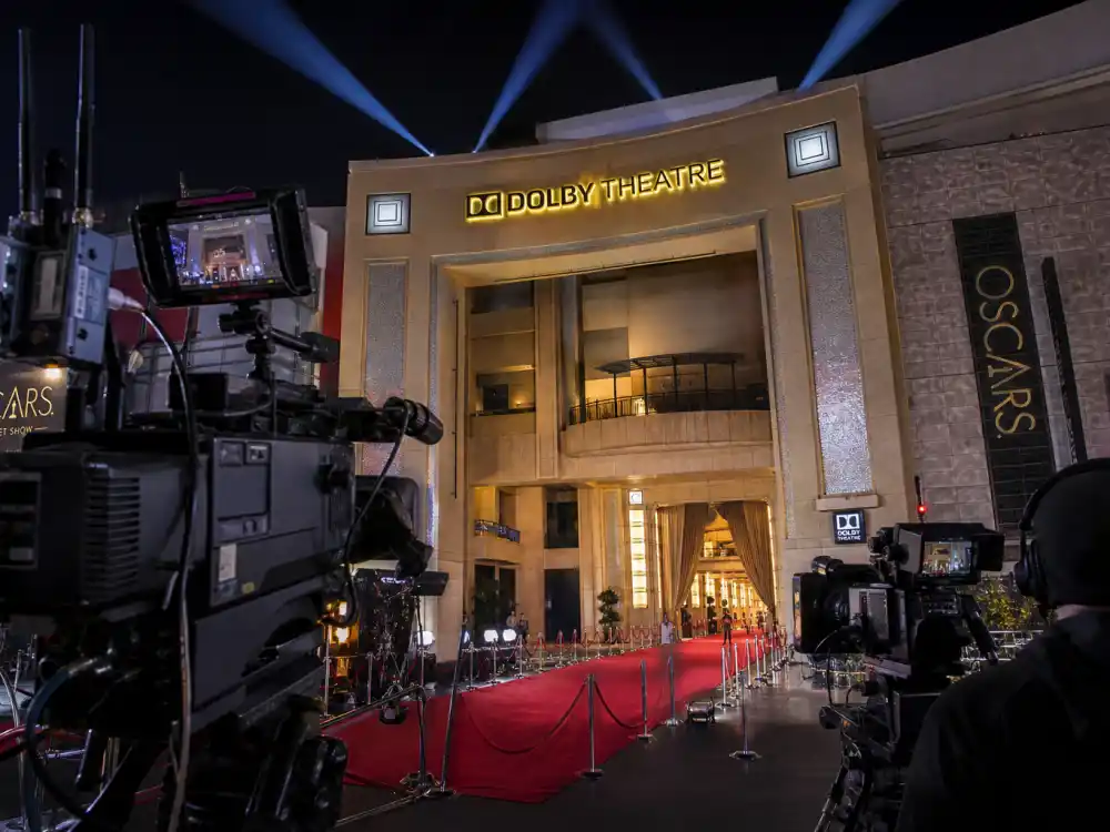 Television broadcast cameras at awards theatre exterior for how to watch the Oscars 2027 date and time on ABC live telecast from Hollywood