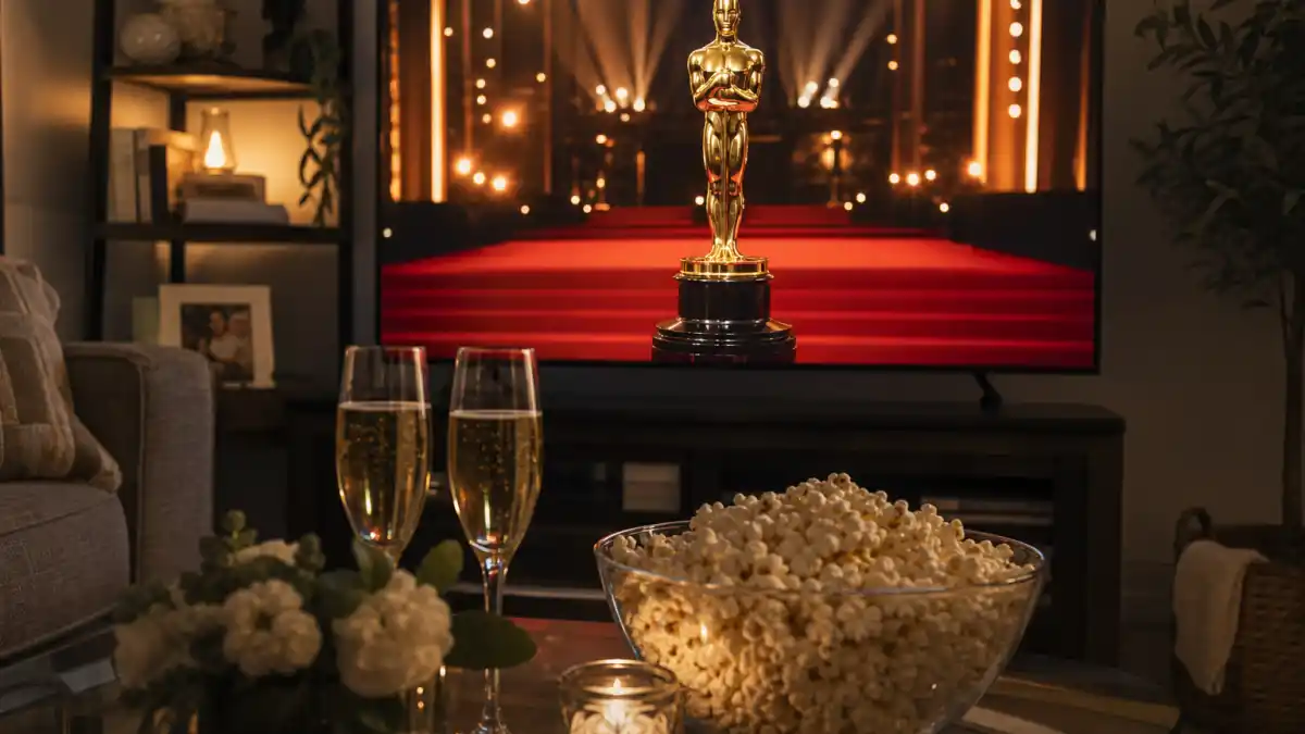 How to watch the Oscars 2027 date and time — living room watch party with TV showing golden Oscar statuette and red carpet stage lights on ABC broadcast night