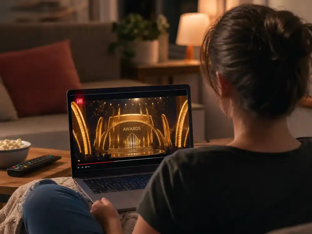 Viewer streaming Oscars ceremony on laptop for how to watch the Oscars 2027 date and time via Hulu and cord-cutting options at home