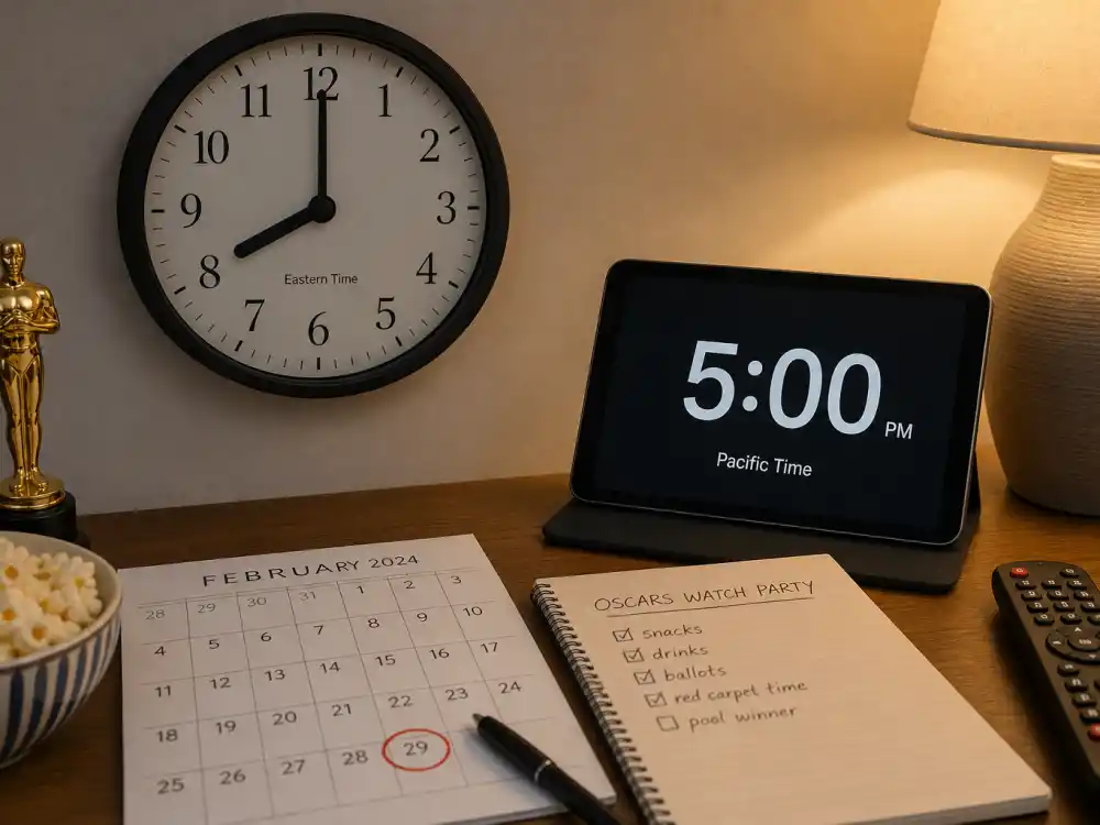 Wall clocks showing Eastern and Pacific time zones for how to watch the Oscars 2027 date and time across ET and PT viewing schedules