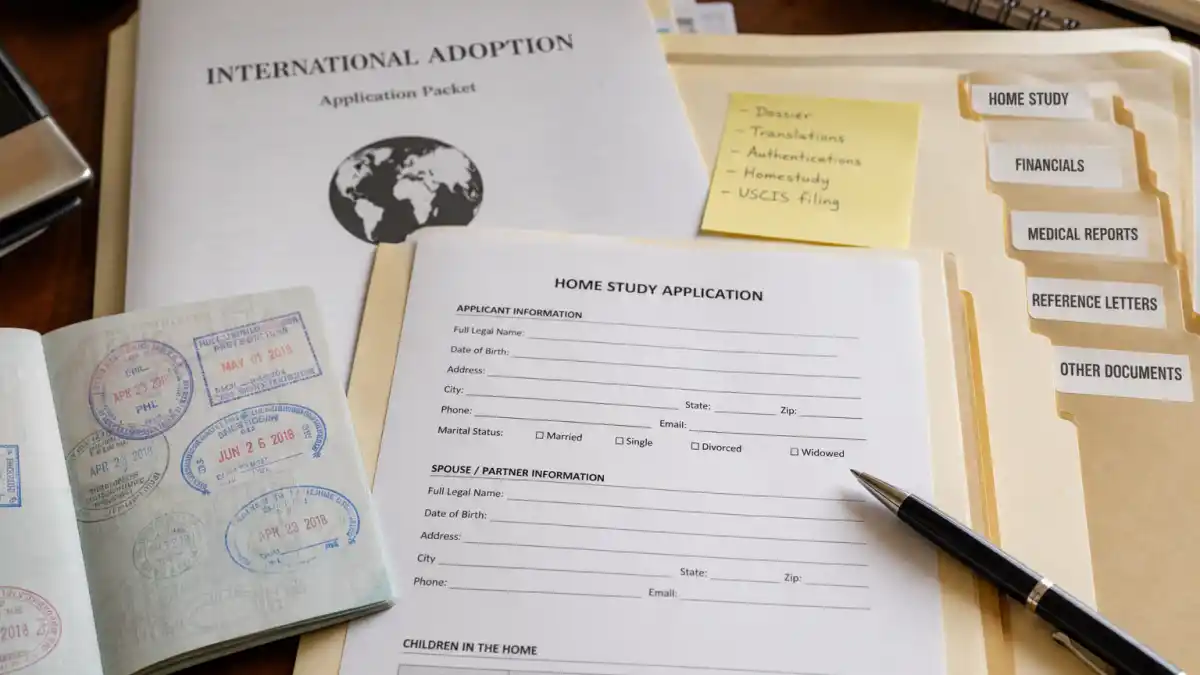 Hugh Jackman adoption journey explained international adoption paperwork folder on desk — home-study application packet and passport stamps without identifiable faces