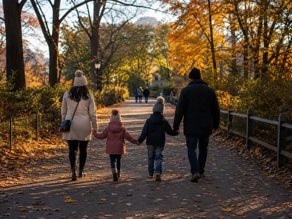 NYC family outing silhouettes from behind for Hugh Jackman adoption journey explained — Central Park autumn walk without identifiable faces