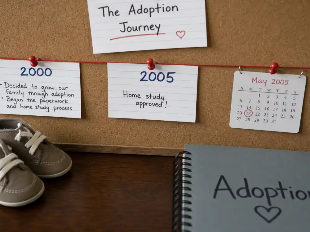 Oscar and Ava adoption timeline cork board for Hugh Jackman adoption journey explained — 2000 and 2005 milestone cards without identifiable faces