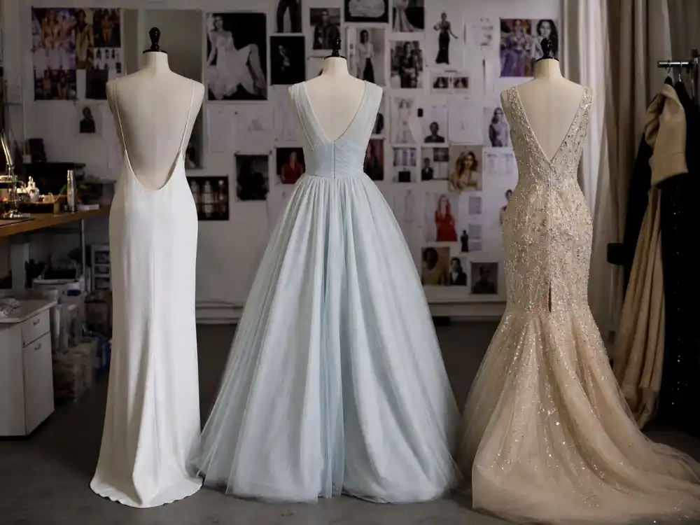 Three iconic evening gown silhouettes on dress forms from behind showing column ballgown and mermaid shapes in iconic celebrity outfits of all time proportion vocabulary