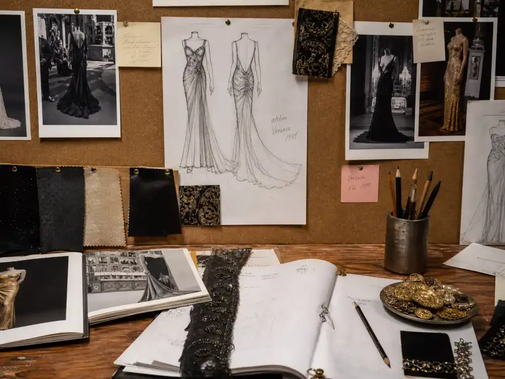 Fashion history mood board with vintage gown sketches and red carpet references defining iconic celebrity outfits of all time archive research