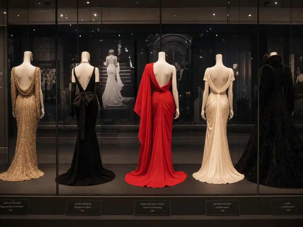Fashion museum exhibition with mannequins from behind in legendary red carpet gowns behind glass preserving iconic celebrity outfits of all time cultural memory