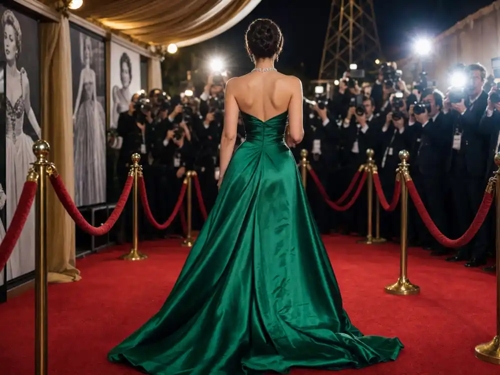 Legendary red carpet premiere with anonymous woman from behind in emerald satin gown and train illustrating iconic celebrity outfits of all time glamour codes