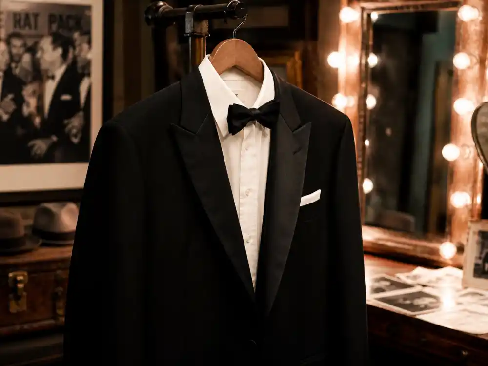 Classic black tuxedo on wooden hanger in vintage dressing room representing iconic celebrity outfits of all time menswear and formalwear archive moments