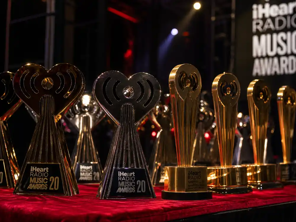 Music award trophies backstage representing every category on the iHeartRadio Music Awards 2026 winners complete list