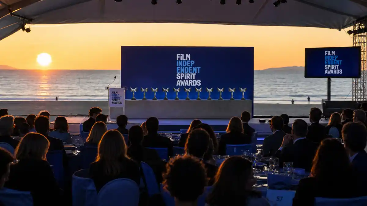 Independent Spirit Awards explained — blue bird statuettes on Santa Monica beach ceremony stage at sunset