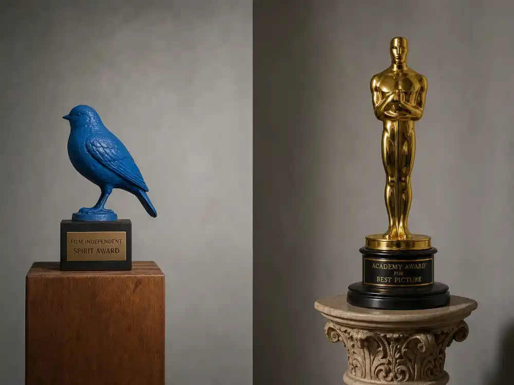 Spirit Award blue bird statuette beside Oscar gold for Independent Spirit Awards explained — indie ceremony versus Academy prestige compared