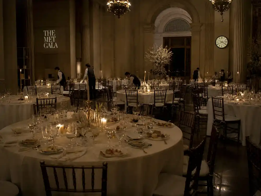 Emptying Met Gala dinner tables — inside the Met Gala after parties begin only after the great hall clears, usually between 10 p.m. and midnight