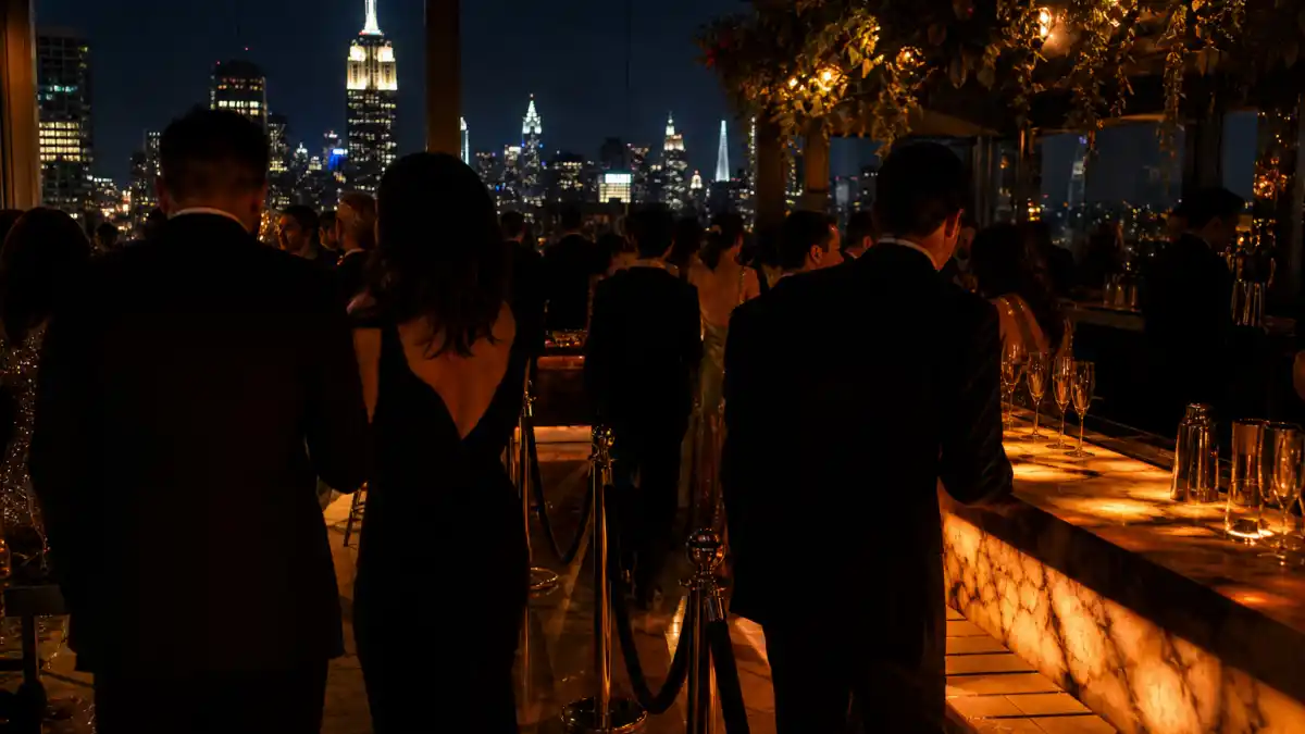 Inside the Met Gala after parties — rooftop nightclub with Manhattan skyline, velvet ropes, and champagne glasses after the Costume Institute dinner