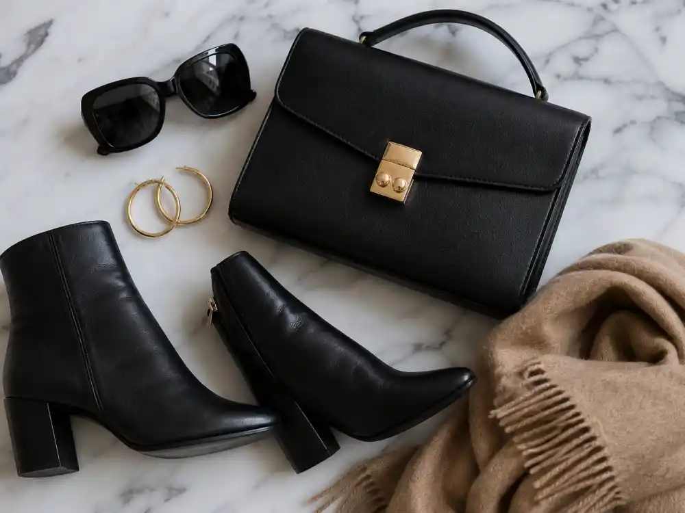 Oversized sunglasses structured handbag ankle boots and gold hoops finishing Irina Shayk street style NYC accessory layer
