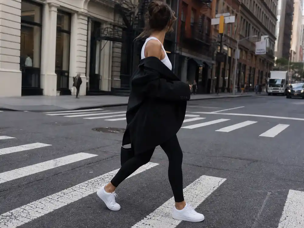Black blazer draped off shoulder with ribbed tank and leggings defining Irina Shayk street style NYC layering codes