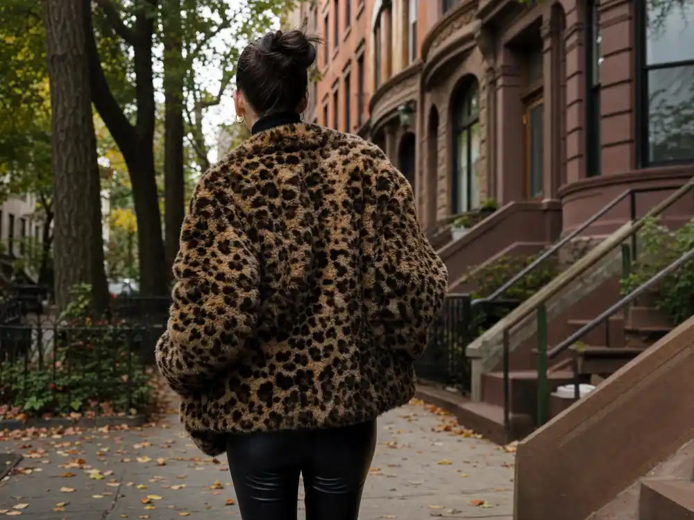 Oversized leopard print faux fur coat over black turtleneck central to Irina Shayk street style NYC outerwear rotation
