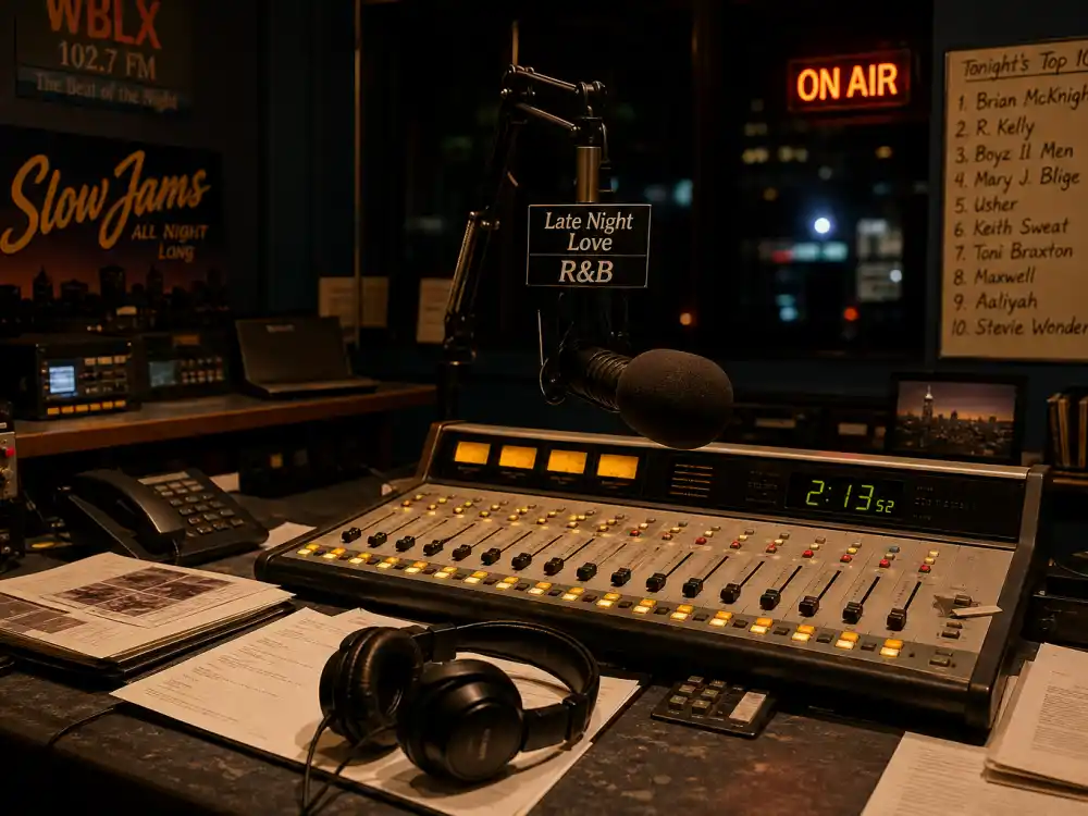 Late-night R&B radio booth evoking what happened to Ja Rule during Always on Time crossover hits