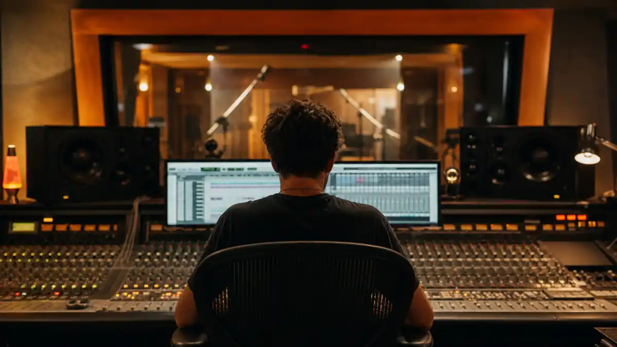 Jaden Smith nepo baby music career — recording studio control room from behind with anonymous musician silhouette at mixing console editorial milestone without identifiable faces