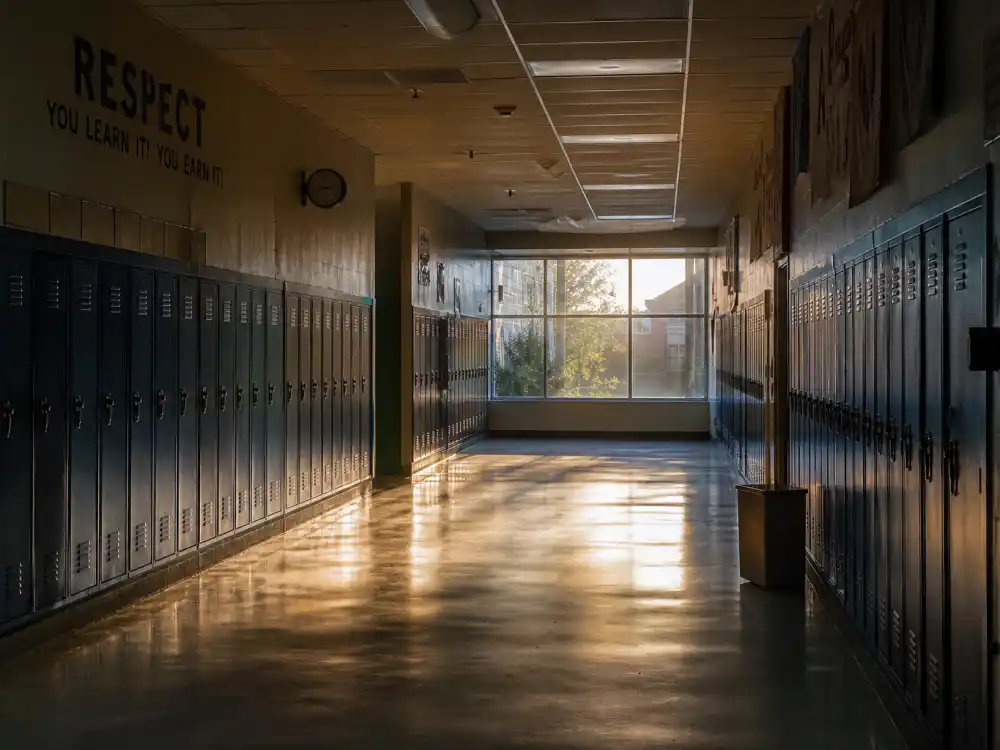 An empty school hallway suggesting the bullying Jake Lloyd endured after global Star Wars fame
