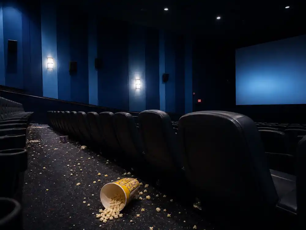 A dim empty movie theater reflecting the harsh media scrutiny Jake Lloyd faced after The Phantom Menace
