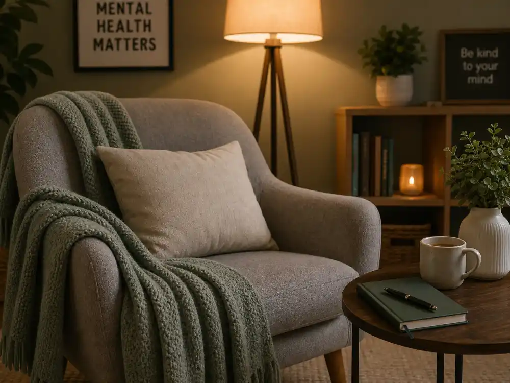 A calm room with a journal and warm lamp, reflecting the mental-health challenges Jake Lloyd has faced with dignity and privacy