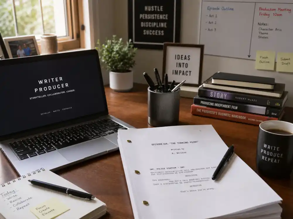 A modern home office with screenplay pages for Jaleel White now as writer, host, and producer in 2026