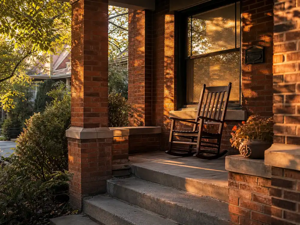 A quiet suburban porch at golden hour where Jaleel White chose a more private life after sitcom fame