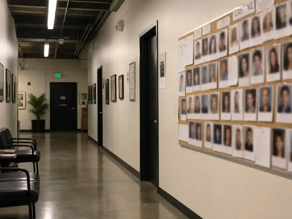 A Hollywood casting office hallway symbolizing Jaleel White typecasting after Steve Urkel fame