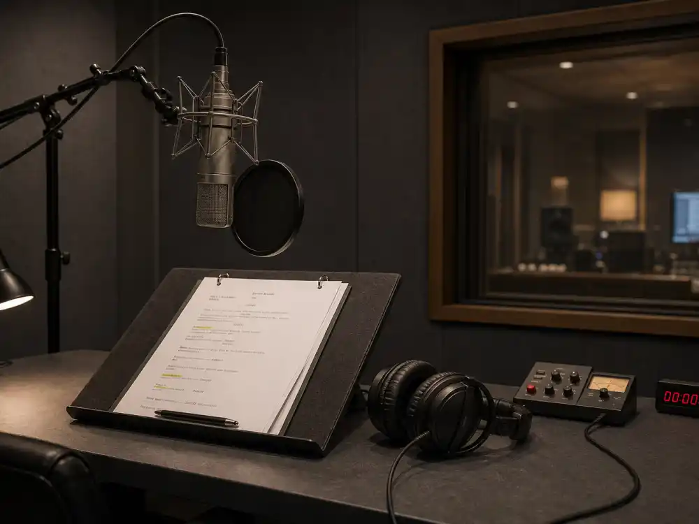 An animation voice-over booth with microphone for Jaleel White voice acting including Sonic the Hedgehog