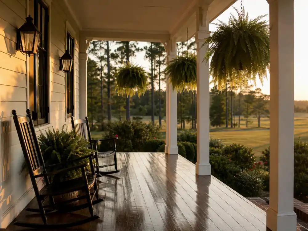 A peaceful Louisiana bayou porch at sunset representing Jamie Lynn Spears family life away from Hollywood