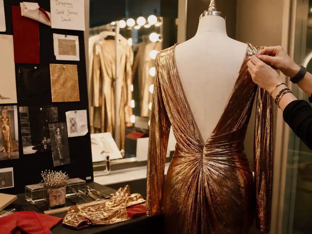 Stylist fitting room with gold metallic gown on mannequin and pinned fabric swatches showing Jason Bolden celebrity stylist red carpet tailoring discipline