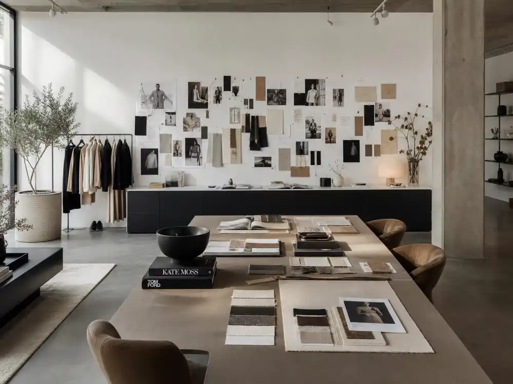 JSN Studio creative workspace with mood boards and fabric swatches blending fashion styling and interior design behind Jason Bolden celebrity stylist red carpet operations